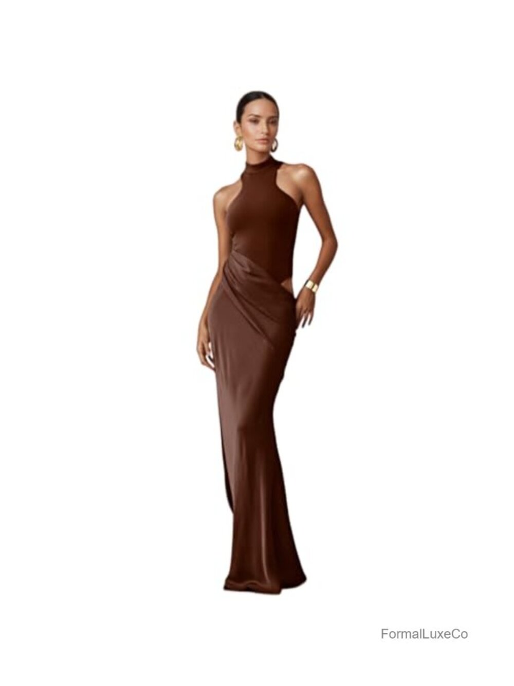 Elegant Pleated Satin Maxi Dress Sleeveless Mock Neck Hollow Out Formal Evening
